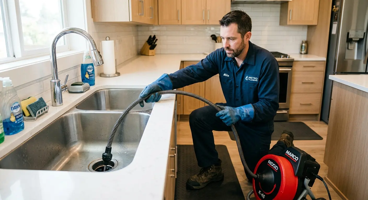 Drain cleaning technician using a motorized snake on a kitchen sink in Willow Oak