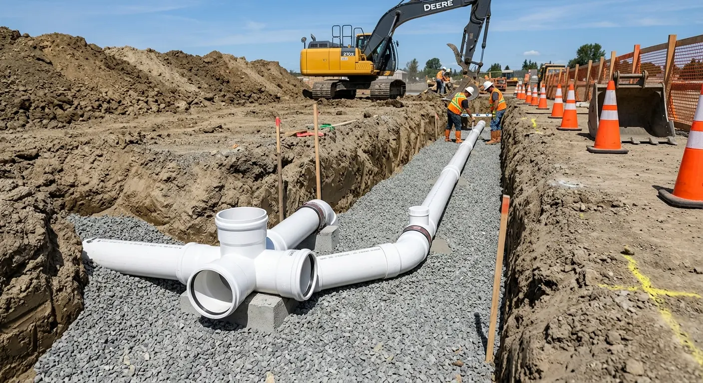 New PVC sewer pipe installation in open trench for Commercial Drain Cleaning in Willow Oak