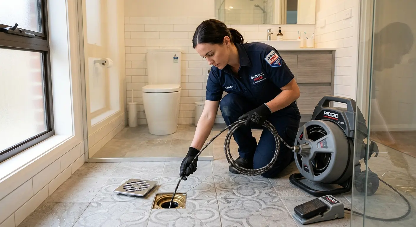 Technician clearing a bathroom floor drain for Clogged Drain Repair in Willow Oak